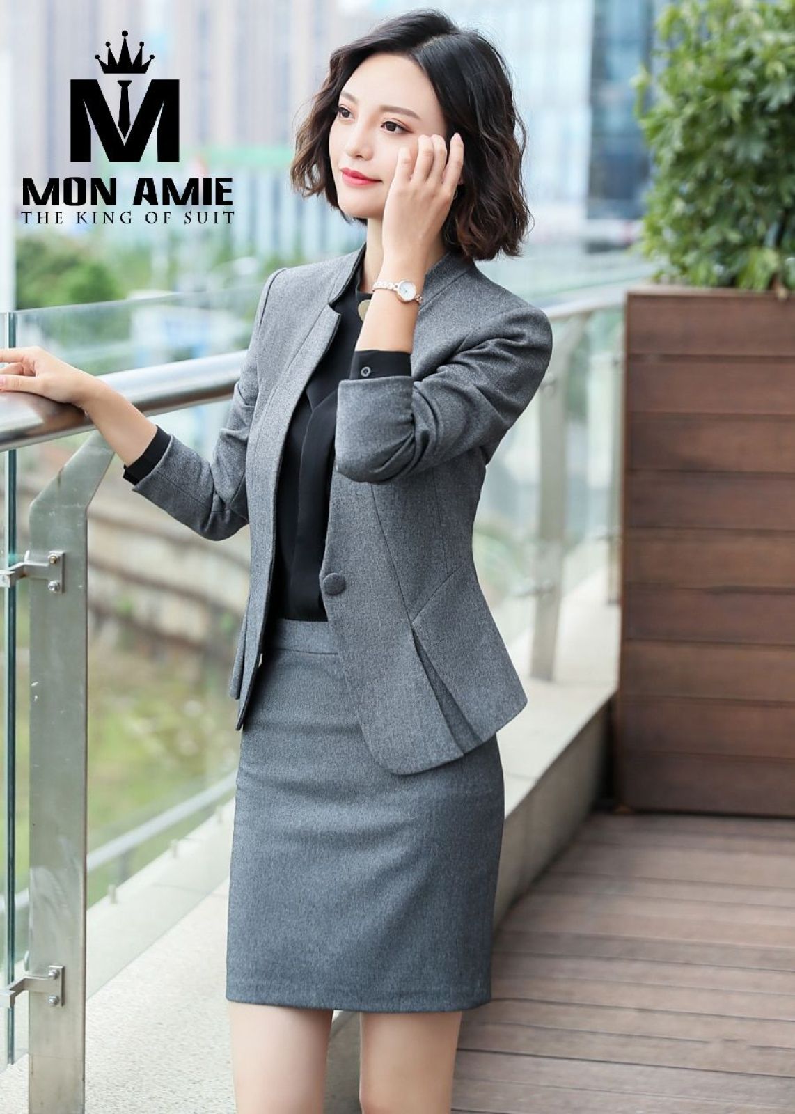 Grey Flat Lapels Business Suit With Tulip Skirt 